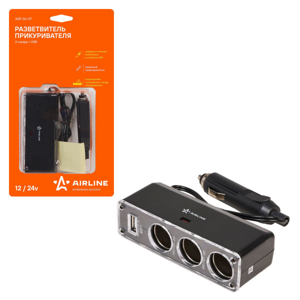 Прикуриватель-разветвитель 3 гнезда + USB (черный) (ASP-3U-07)