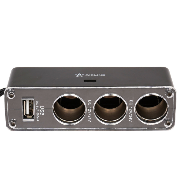 Прикуриватель-разветвитель 3 гнезда + USB (черный) (ASP-3U-07)